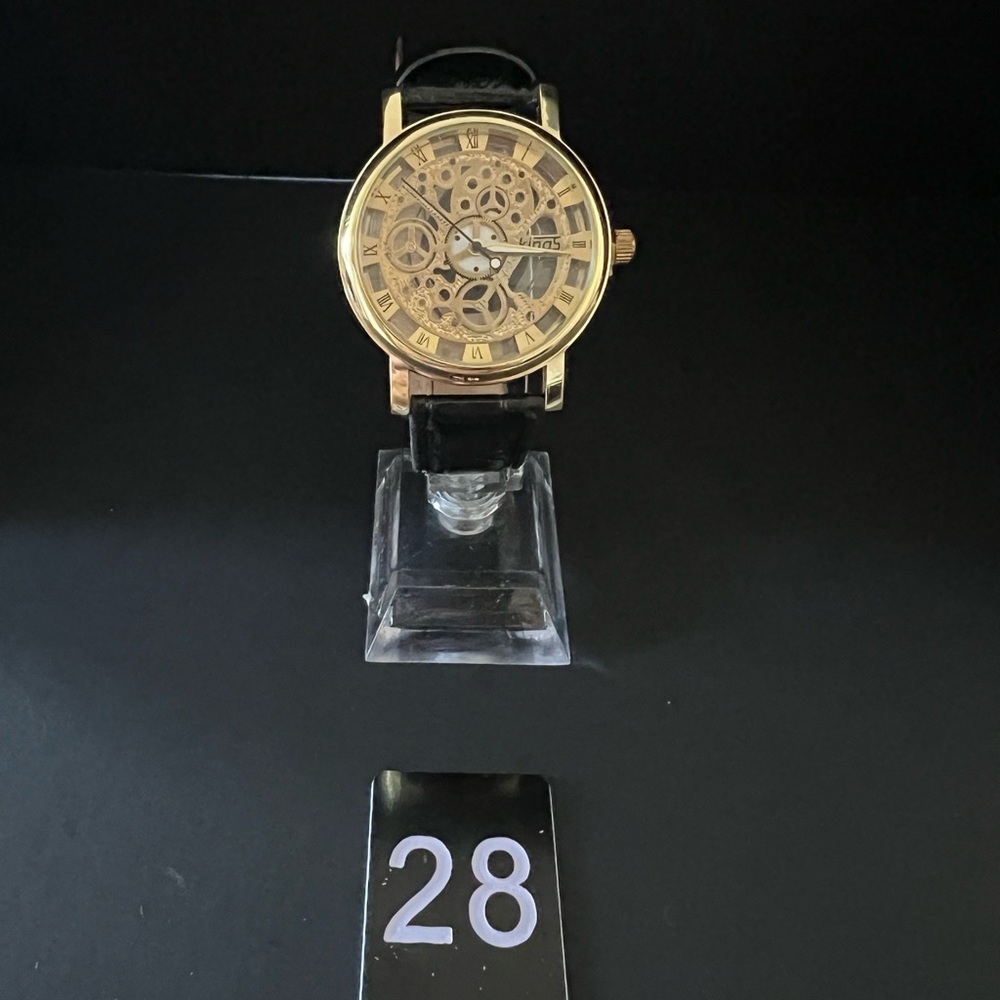 Mens Gold Skeleton Watch with Black Leather Strap